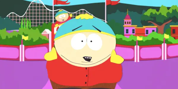 Cartman danser foran en forlystelsespark i South Park