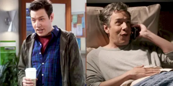 Et delt billede viser John Ross Bowie i en af hans første og en af hans sidste The Big Bang Theory-optrædener