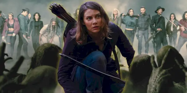 et sammensat billede viser Maggie Rhee (Lauren Cohan), der sidder på hug med sin bue og pile i forgrunden med resten af The Walking Dead castet bag hende over for en zombiehorde