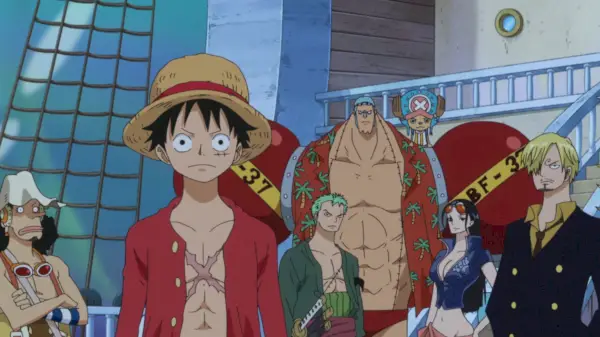 anime i ett stycke som visar Luffy och stråhattarna