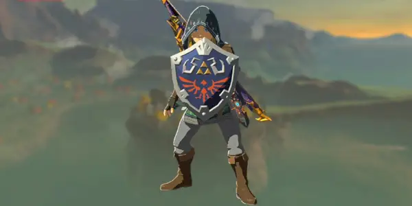 Link tenant le bouclier Hylian dans Legend of Zelda : Breath of the Wild