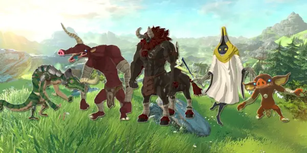 Un assortiment d'ennemis de Breath of the Wild alignés sur un champ herbeux