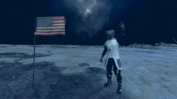 Starfield Player In Mantis Set מתנופף ליד דגל אמריקאי ב-Apollo Landing Site