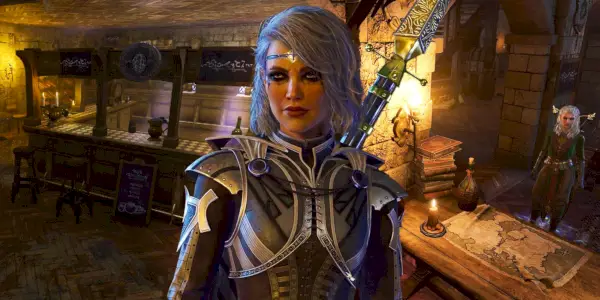 Bielovlasá duchovná Isobel pred interiérom Last Light Inn v Baldur
