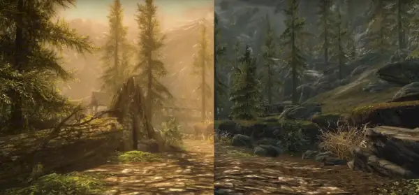 Una strada in Skyrim Special Edition proprio accanto alla stessa area nella versione base