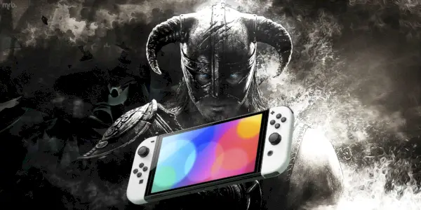 Il Sangue di Drago di Skyrim dietro una console Nintendo Switch.