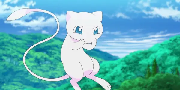 Mew trzyma łapy przy twarzy w anime Pokemon