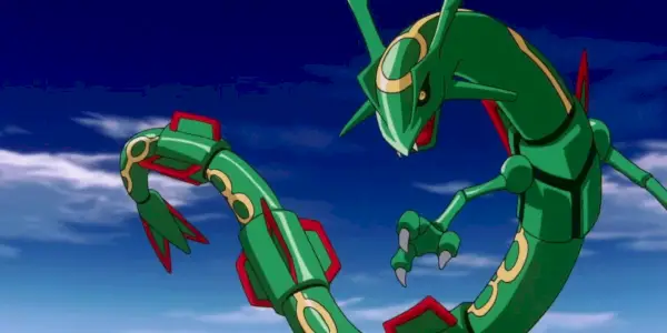 Rayquaza latająca w powietrzu w Pokemonach