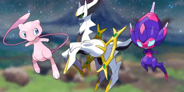Mew, Arceus i Poipole ustawili się obok siebie, nakładając się na efekt gwiaździstego nieba na rozmyty obraz Hisui.