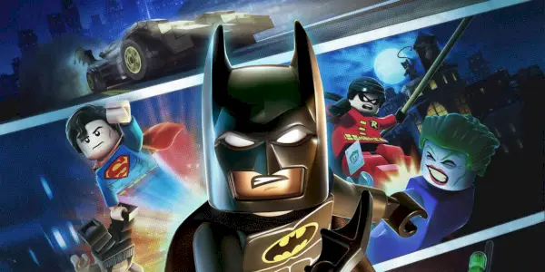 L'affiche promotionnelle de Lego Batman 2 DC Superheroes, montrant Batman, Superman, Robin et le Joker.