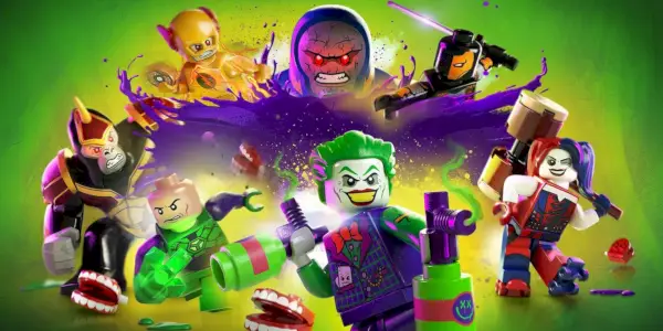 L'écran de démarrage LEGO DC Super Villains, avec le Joker, Harley Quinn, le professeur Zoom, Lex Luthor et bien plus encore.