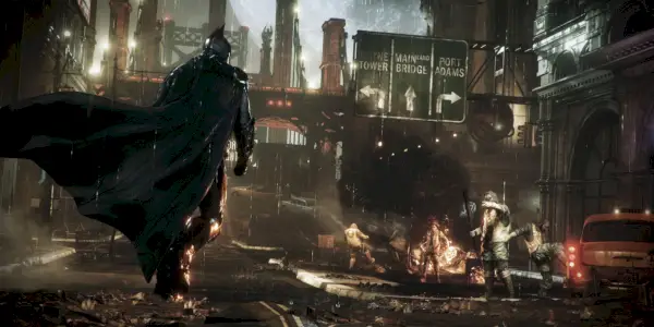 Batman marchant vers un groupe de voyous dans Arkham Knight.