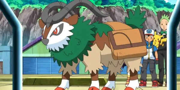 ポケモンアニメの中で、ゴーゴートはサトシとピカチュウと一緒に攻撃の準備ができています。