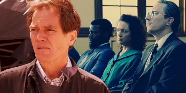 Colagem de Michael Shannon como Gary Noesner e outros personagens sentados em um tribunal em Waco The Aftermath.