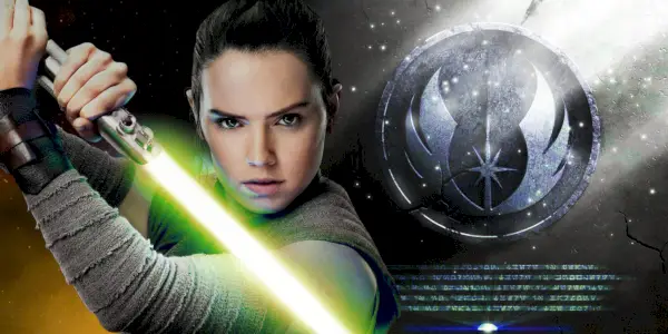 Rey brandissant un sabre laser jaune à gauche et le symbole Jedi avec des marques en dessous à droite