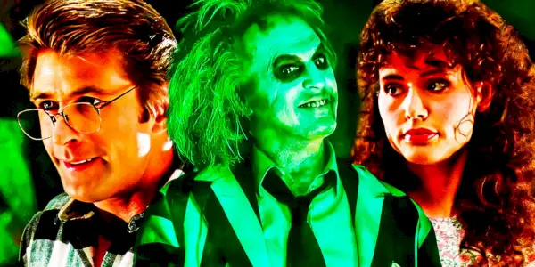 Michael Keaton i Beetlejuice 2 med Alec Baldwin og Geena Davis som Adam og Barbara Maitland i Beetlejuice