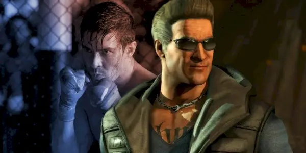 혼합된 이미지에는 실사 영화 Mortal Kombat의 Lewis Tan과 비디오 게임의 Johnny Cage가 등장합니다.