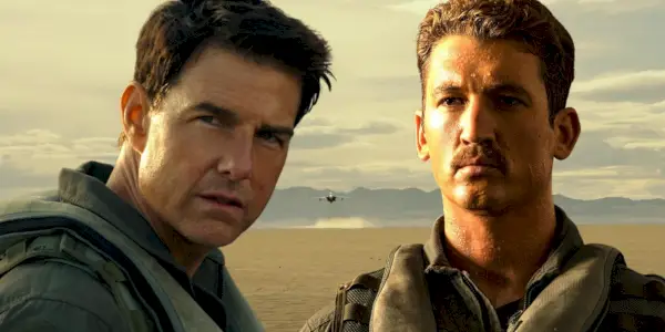 Una imagen compuesta de Tom Cruise como Maverick mirando superpuesta a una imagen de Miles Teller de Top Gun Maverick.