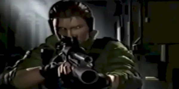 Muž střílí ze zbraně v Biohazard 4-D-Executer