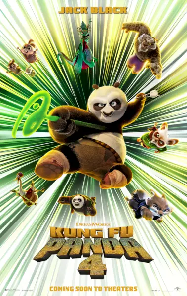 Kung Fu Panda 4-plakat med Po- og støttekarakterer som flyr gjennom luften