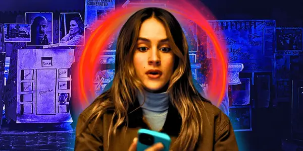 A composite image of Jessica looking at her phone in front of a swirling red circle and a board covered in suspects in Thanksgiving
