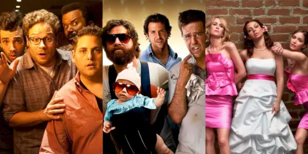 Image divisée des personnages principaux de This Is the End, The Hangover et Bridesmaids