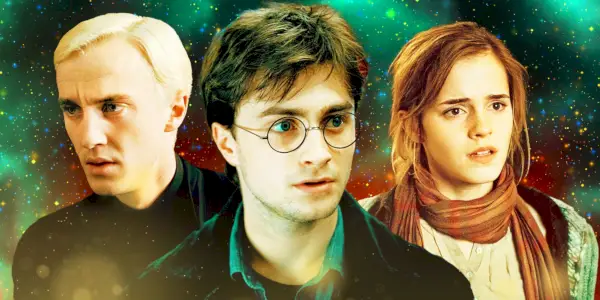 collage av Draco, Harry, Hermine på stjernebakgrunn