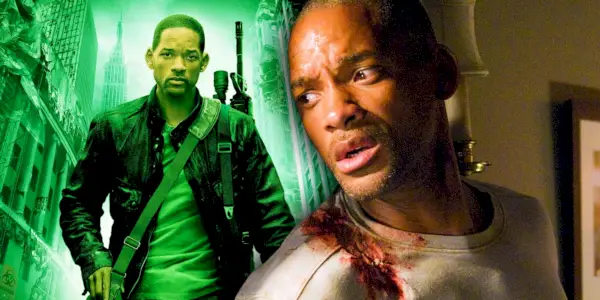 Ein zusammengesetztes Bild von Neville beim Gehen mit einem Bild von Nevill, der verängstigt aussieht, in „I Am Legend“.