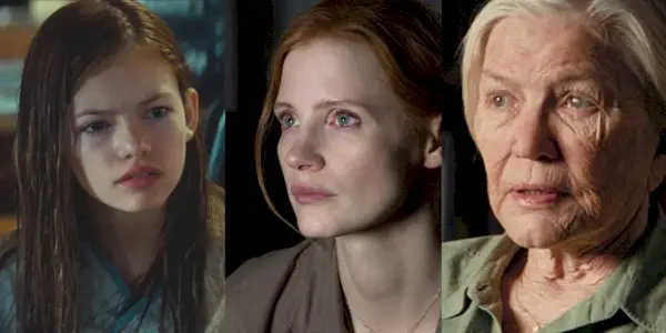 Podzielone zdjęcie Mackenzie Foy, Jessiki Chastain i Ellen Burstyn jako Murph w filmie Interstellar