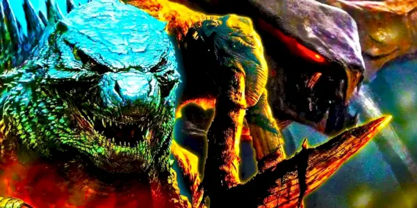 ゴジラと他のMonsterVerse怪獣が後ろにいます。