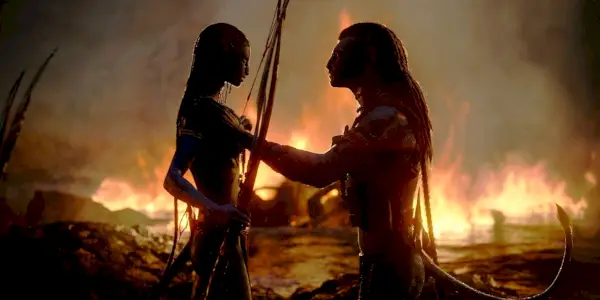 Neytiri et Jake entourés de feu dans l'avatar 2