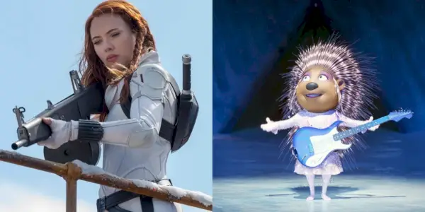 Rozdelený obraz Scarlett Johansson v Black Widow a Ash v Sing 2