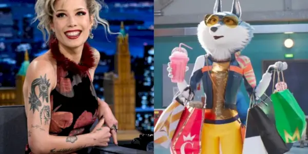 Rozdelený obraz Halsey na Late Night TV a Porsha Crystal v Sing 2