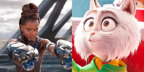 Rozdelený obraz Letitie Wrightovej vo filme Black Panther a Noosha v hre Sing 2
