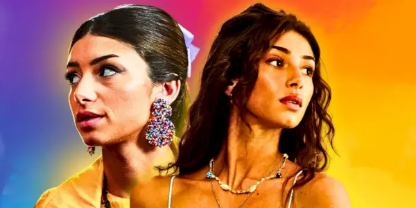 Este collage muestra dos imágenes de Natalie de After Everything frente a un fondo degradado de arcoíris.