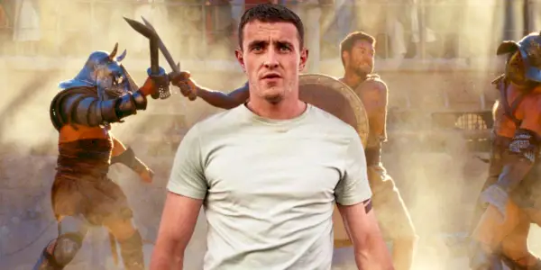Paul Mescal in Carmen giustapposto ai gladiatori che combattono in Il Gladiatore