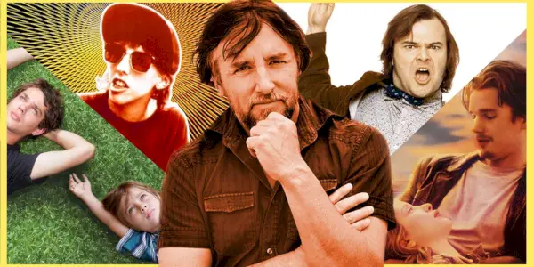 Richard Linklater na frente de imagens de Slacker, Boyhood, School of Rock, Before Sunrise