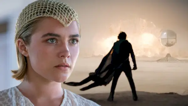 La princesa Irulan (Florence Pugh) compuesta con una imagen de Paul parado frente a una gran batalla en la distancia de Dune: Parte 2