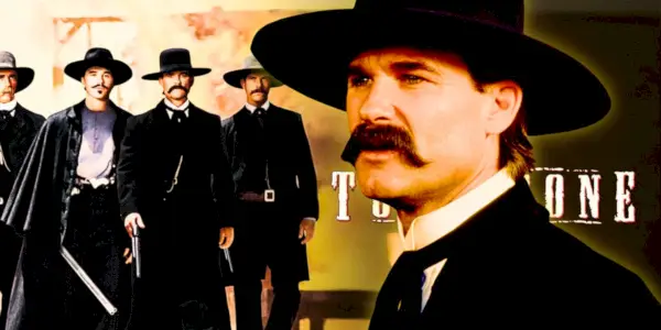 영화 포스터 배경의 툼스톤(Tombstone)에서 커트 러셀(Kurt Russell)