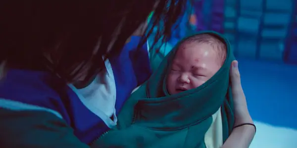 A baby, covered in blood and crying in Squid Game season 3