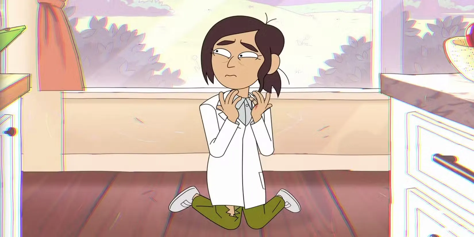 <인사이드 잡>에서 고통에 무릎을 꿇고 있는 레이건(리지 캐플란)