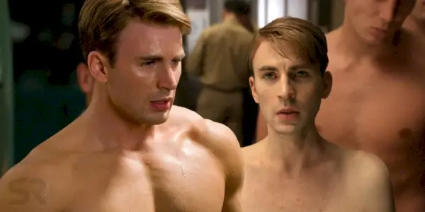 Uma imagem dividida de Steve Rogers antes e depois de obter o Super Solder Serum em Capitão América: O Primeiro Vingador