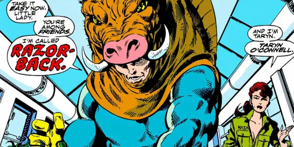 Razorback w swoim dziwnym kostiumie w Marvel Comics