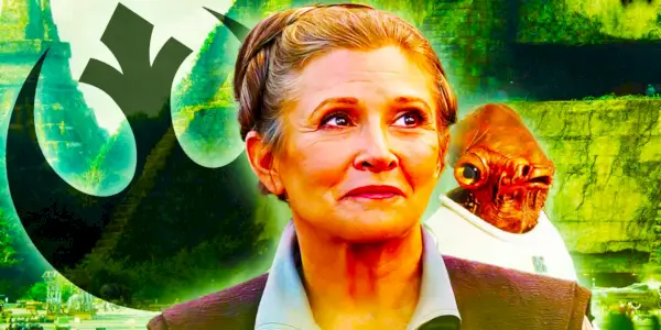 Leia Organa (Carrie Fisher) et l'amiral Gial Ackbar devant le symbole de l'Alliance rebelle sur fond vert