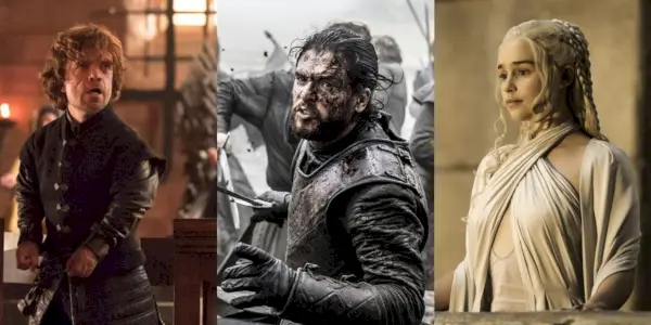 Gespaltenes Bild von Tyrion bei seinem Prozess, einem blutüberströmten Jon in der Schlacht der Bastarde und Daenerys, der in Slavers herrscht