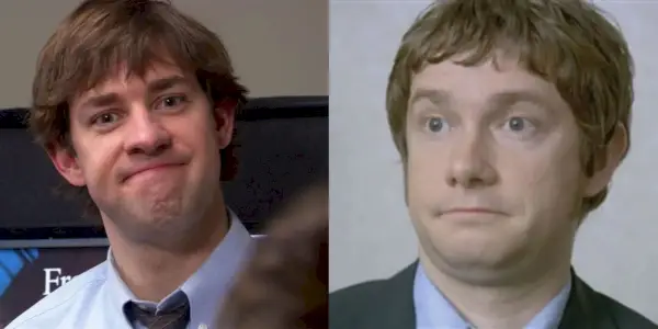 Jim de The Office US et Tim de The Office UK, avec des expressions faciales similaires dans une image divisée