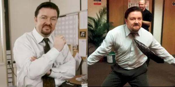 Image partagée : David Brent, les bras croisés, David Brent dansant dans The Office UK.
