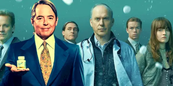 Matthew Broderick držící v ruce krabičku OxyContin v Painkilleru, zatímco obsazení Dopesick stojí spolu v pozadí