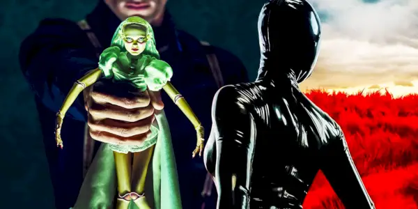 Zmiešané obrázky predstavujú bábiku a latexový oblek z American Horror Stories