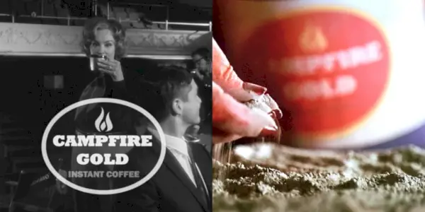 Rozdelený obrázok zobrazuje Elsu v reklame na kávu Campfire Gold v AHS: Freak Show a popol z plechovky od kávy v AHS: Hotel